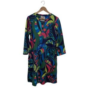 Lesley Evers Butterfly Hearts Colourful Bright Long Sleeve Dress Pink Blue XL